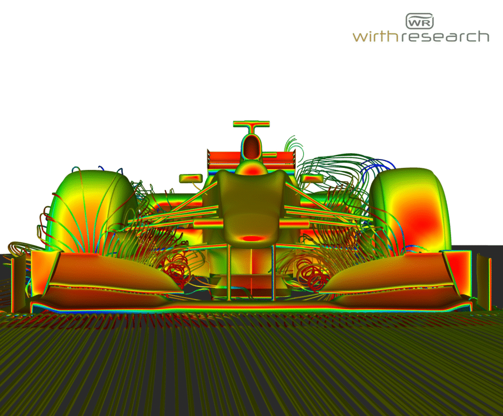 CFD simulation showing airflow and aerodynamic analysis at the front of a Marussia Virgin Formula 1 car.