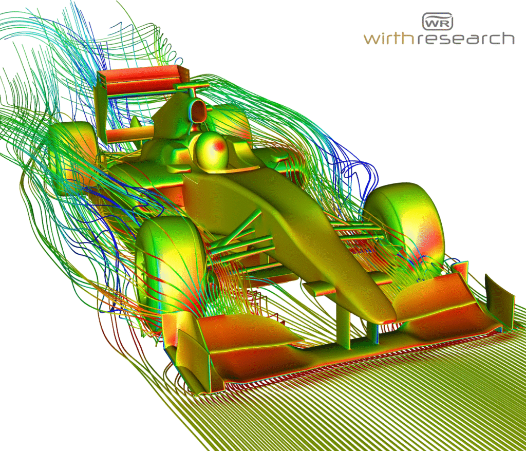CFD model of the Marussia Virgin VR-01 Formula 1 car showing airflow patterns over the chassis.