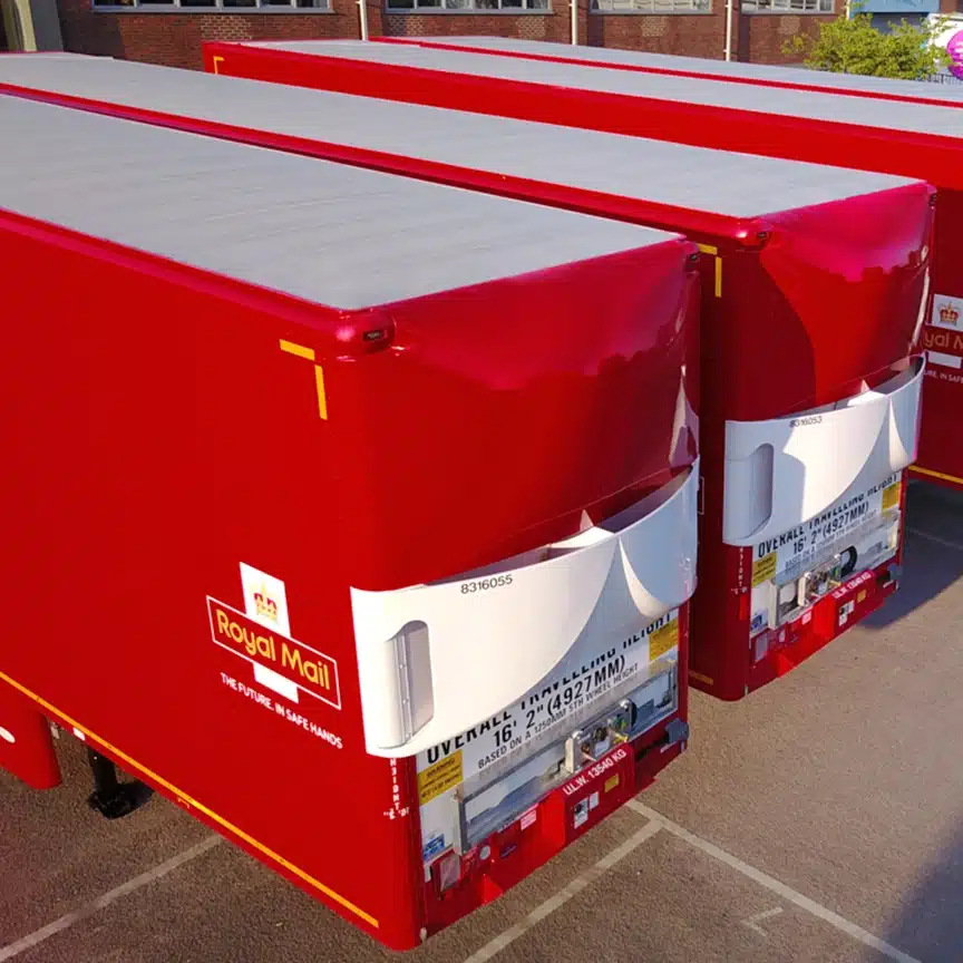 Aerokit installed on a Royal Mail HGV tall trailer for improved fuel efficiency.