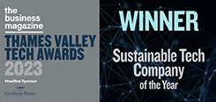 Official logo for The Business Magazine's Thames Valley Tech Awards 2023, recognizing Wirth Research as the Winner of the 'Sustainable Tech Company of the Year' award.