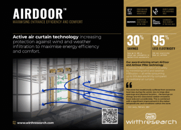 Marketing Brochure for the Wirth Research AirDoor, highlighting its active air curtain technology that provides 30% savings on gas consumption and uses 95% less electricity. The image includes award logos, a customer testimonial, and a diagram of the AirDoor in action.