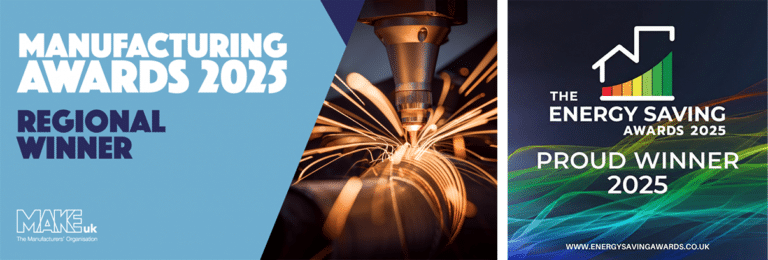 Two award banners side by side. The left banner announces "Manufacturing Awards 2025 Regional Winner" from MAKE UK with a graphic of a laser cutting machine emitting sparks. The right banner reads "The Energy Saving Awards 2025 Proud Winner" featuring a stylised house-shaped graph, multicolour wave graphics, and the website www.energysavingawards.co.uk.